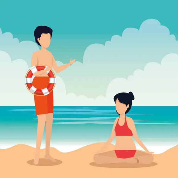Mujer sentada en la playa de arena y hombre con traje de baño con flotador — Vector de stock