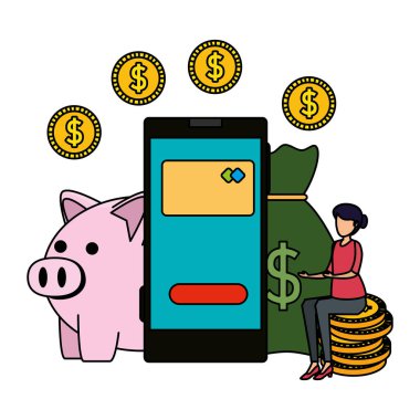 Akıllı telefon ve domuzcuk kullanan genç bir kadın.