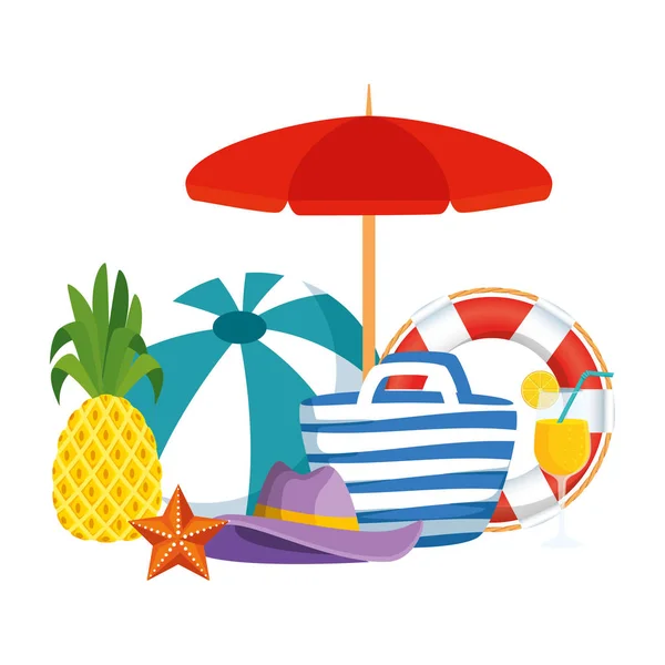 Beach bag with balloon and summer icons — Stock Vector