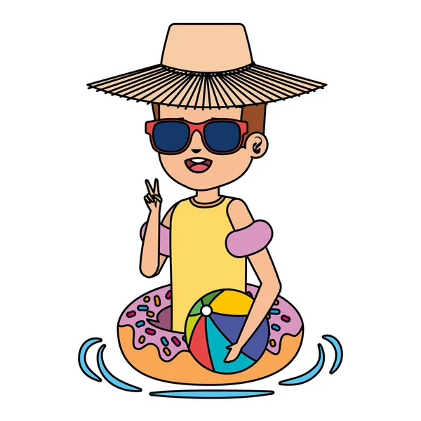 Lindo niño pequeño con donut float y playa globo — Vector de stock