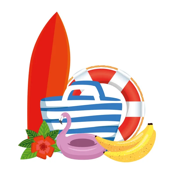 Strandtasche mit Surfbrett und Sommersymbolen — Stockvektor
