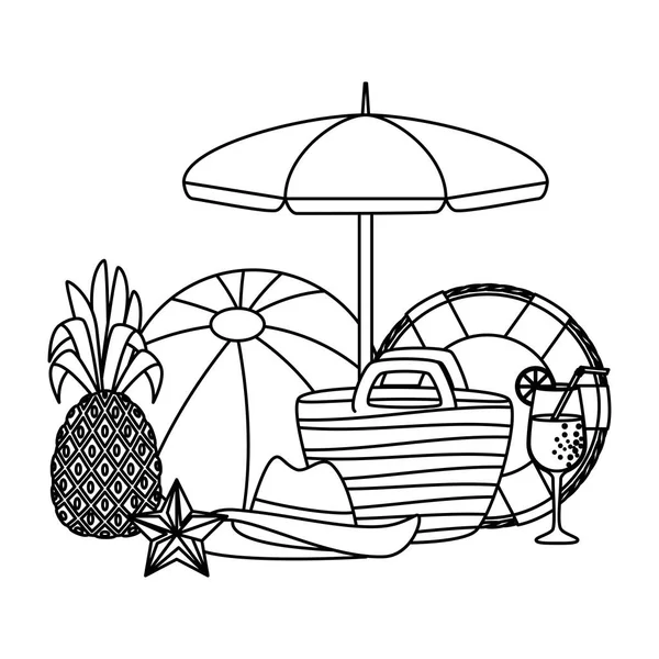 Les plantes à feuilles d'été avec parapluie et icônes ensemble — Image vectorielle