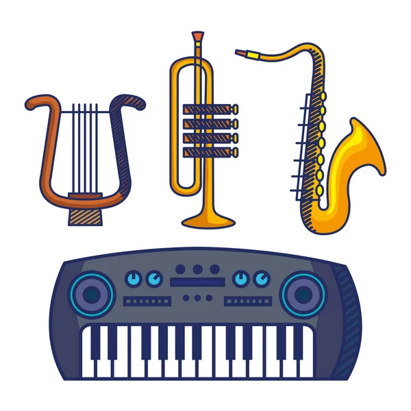 Piyano aletleri ile trompet ve saksafon ile arp seti — Stok Vektör
