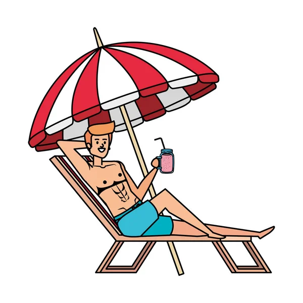 Mladý muž v plážové sedačce s pitnou šťávou — Stockový vektor