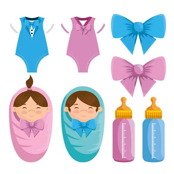 Set of little girl and boy pijamas with ribbon bow and feeding bottle — Stock Vector