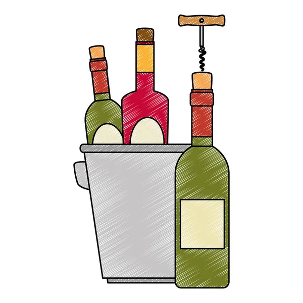 Wine bottles in bucket with corkscrew — Stock Vector