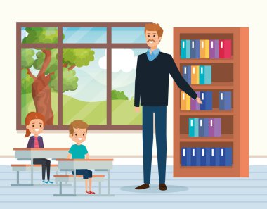 sınıfta ve pencerede çocuklu adam öğretmen