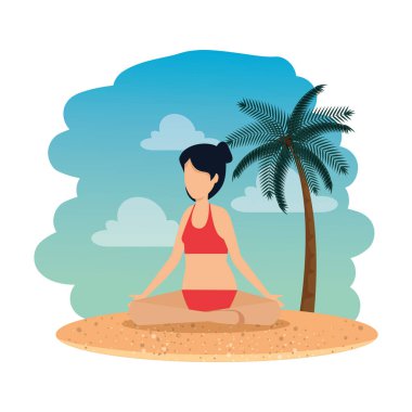 plajda yoga yapan mayolu kadın