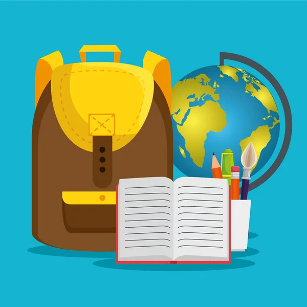 Рюкзак с глобальной картой и ноутбук с карандашами — стоковый вектор
