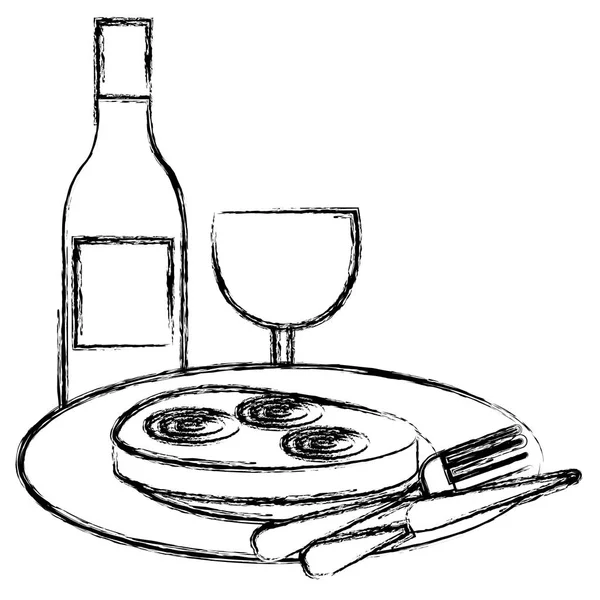 Delizioso prosciutto in piatto con vino — Vettoriale Stock