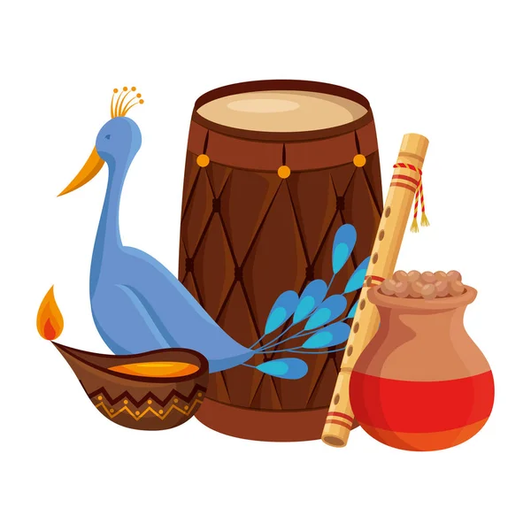 Indian drum with candle and peacock — Stock Vector