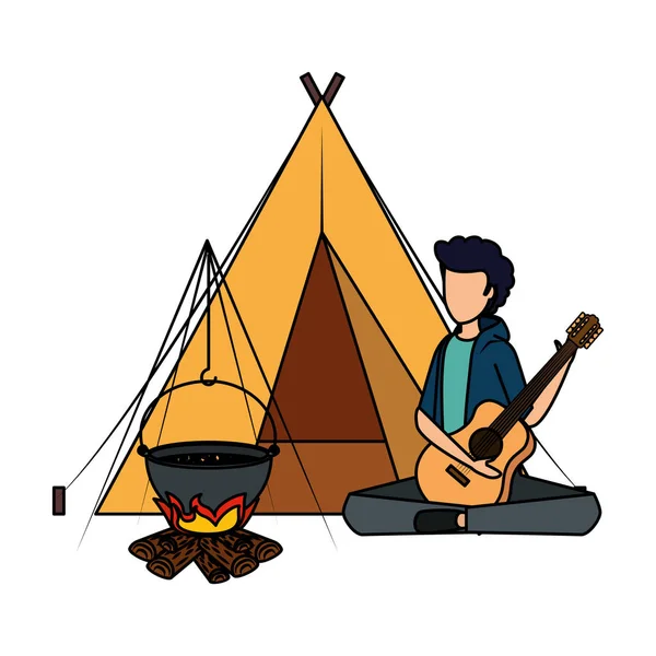 Young man playing guitar with camping tent and woodfire — Stock Vector