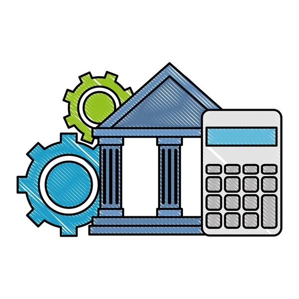 Budynek z kalkulatora i koła zębate banku — Wektor stockowy