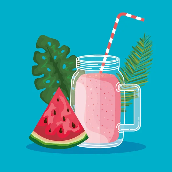 Melon d'eau avec boisson smoothie et feuilles de plantes — Image vectorielle