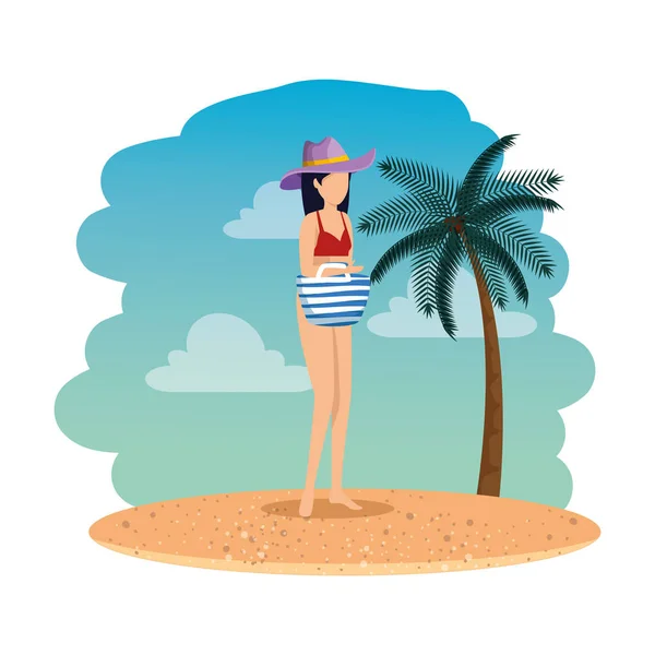 Hermosa mujer con traje de baño y bolso en la playa — Vector de stock