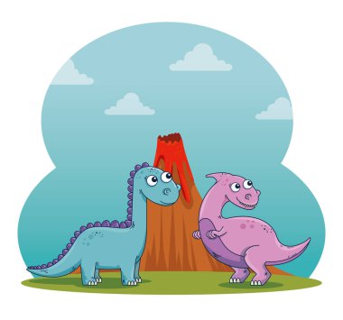 diplodocus vahşi dinozor ve yanardağ ile parasaurolophus