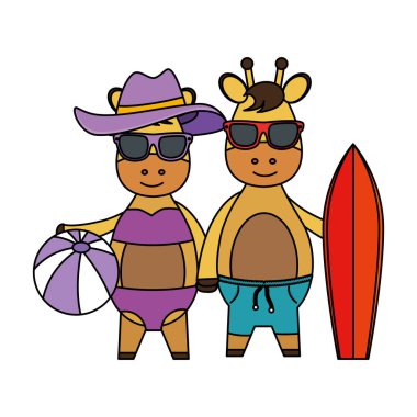 sörf tahtası ve balon plaj ile sevimli zürafalar çift