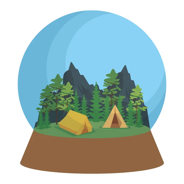 Bola de cristal con zona de camping y camping escena tienda — Vector de stock