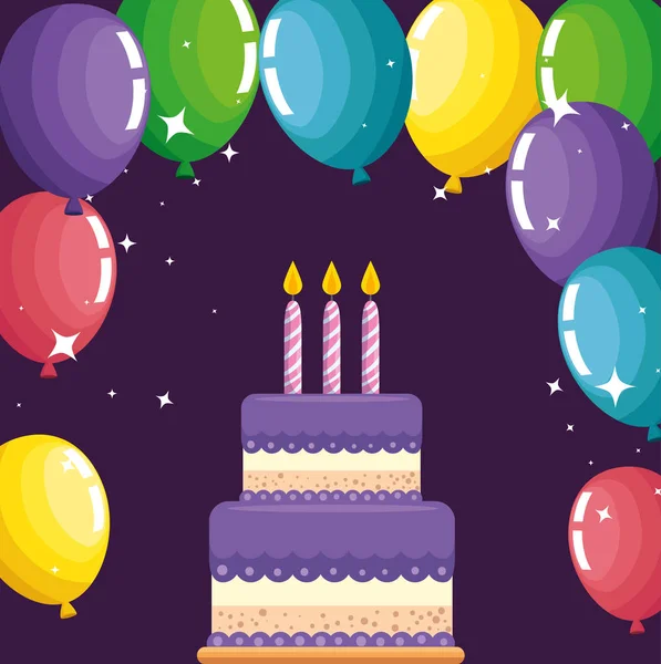 Gâteau sucré avec bougies et ballons décoration — Image vectorielle