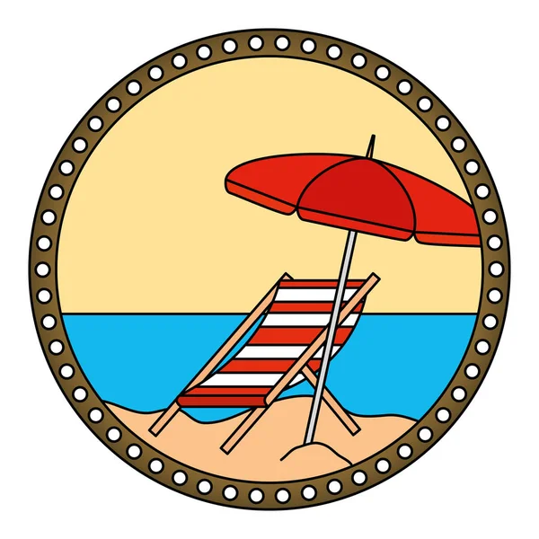 Circular frame with summer beach and umbrella and chair — Stock Vector