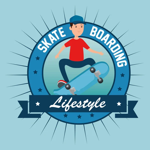 Label van Boy Kid met skateboard en lint — Stockvector