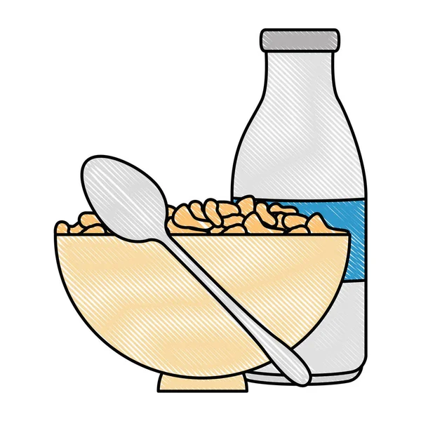 Plato de cereales con cuchara y leche de botella — Archivo Imágenes Vectoriales