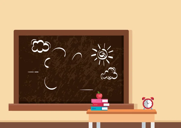 Osztálytermi jelenet a tanári asztallal és kellékokkal — Stock Vector