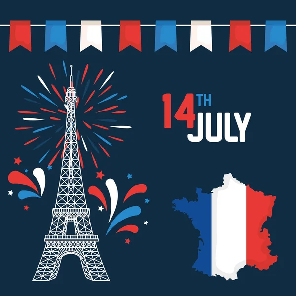 Eiffelturm mit Frankreichkarte und Parteibanner — Stockvektor