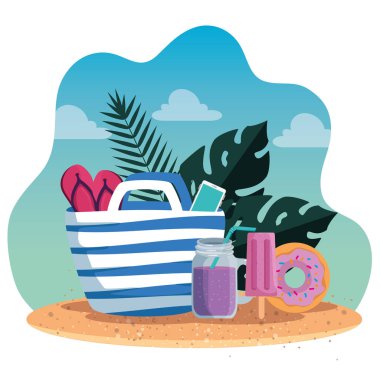 çanta ve smoothie içinde flip-flop ile tropikal yaprakları bitkiler