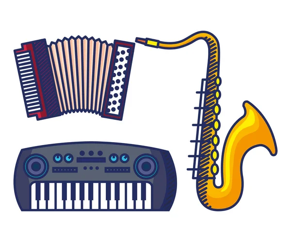 Set de accodeon con saxofón e instrumentos de piano — Archivo Imágenes Vectoriales