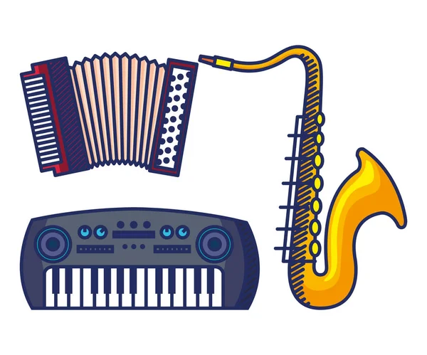 Set of accodeon with saxophone and piano instruments — Stock Vector