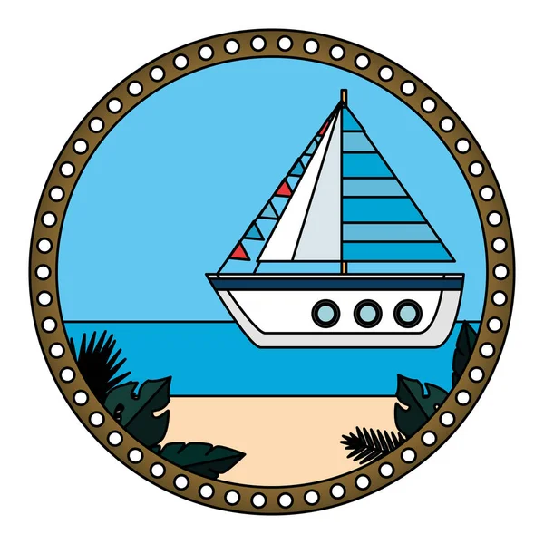Circular frame with summer beach and sailboat — Stock Vector