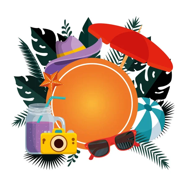 Summer circular frame with leafs and umbrella — Stock Vector