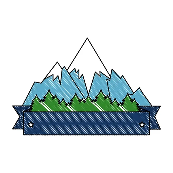 Montañas con escena de nieve con marco de cinta — Vector de stock