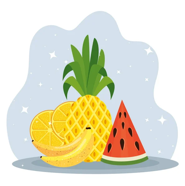 Piña tropical con limón y frutas de sandía — Vector de stock