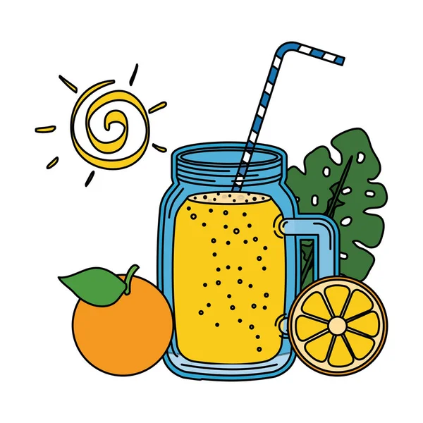 Jus pot de fruits d'orange avec de la paille et du soleil — Image vectorielle