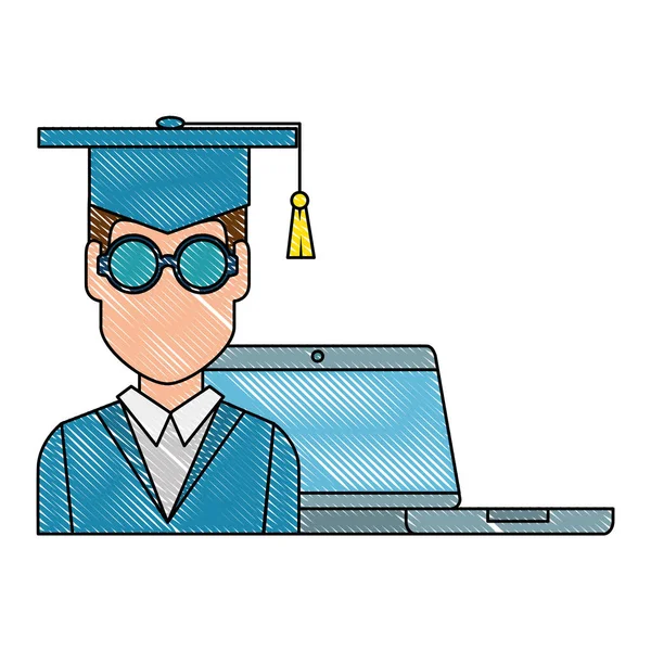 Graduation étudiante avec ordinateur portable — Image vectorielle