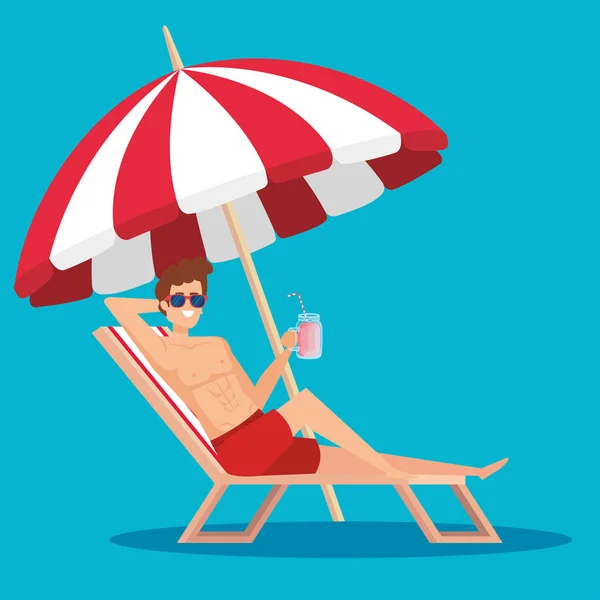 Homme dans la chaise de bronzage avec boisson de jus et parasol — Image vectorielle