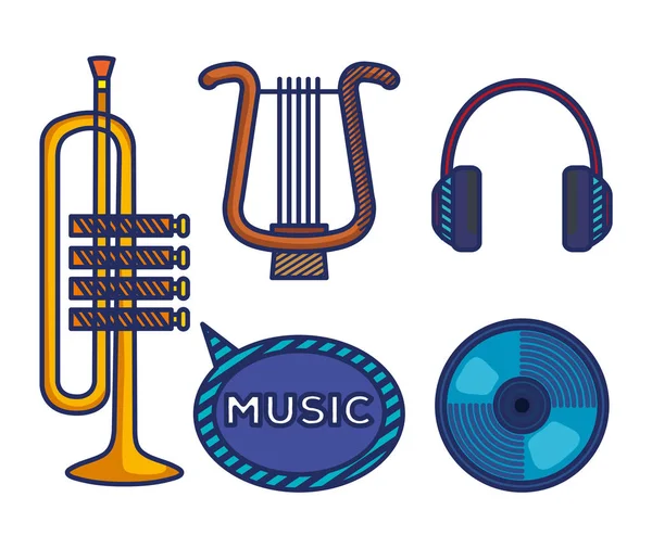 Set of trumpet with harp and cd with headphones — Stock Vector