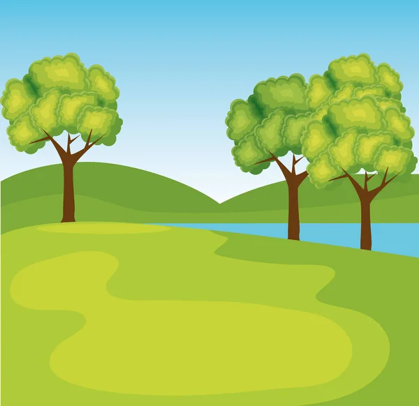 Природні дерева з горами та екологічною річкою — стоковий вектор