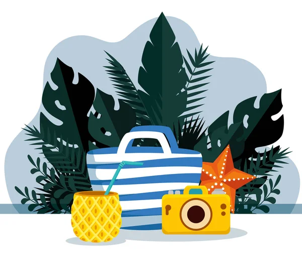 Pineapple beverage with purse and tropical leaves plants — Stock Vector