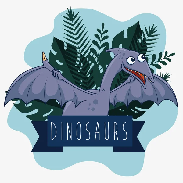 Pterosaurus vadon élő dinoszaurusz és a levelek ág növények szalaggal — Stock Vector