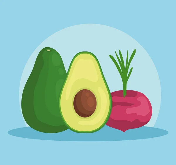 Fruta fresca de aguacate con cebolla vegetal — Vector de stock