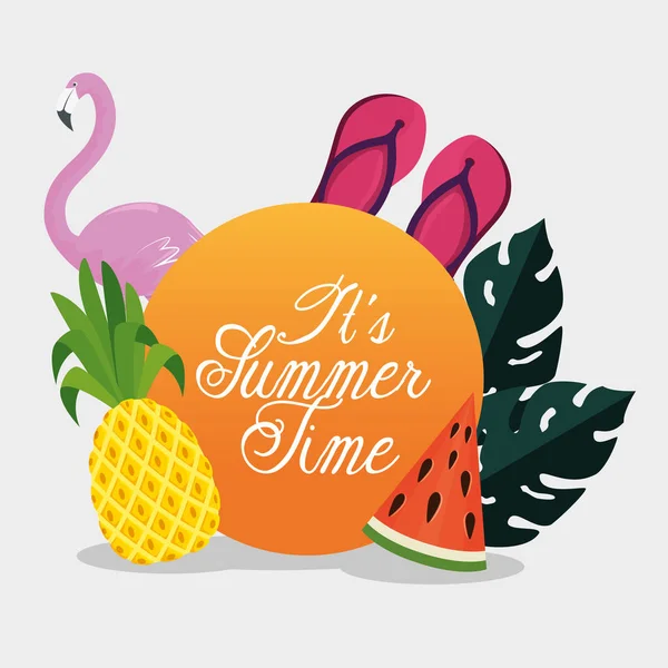 Etiqueta de frutas tropicales con chancla y flamenco — Vector de stock