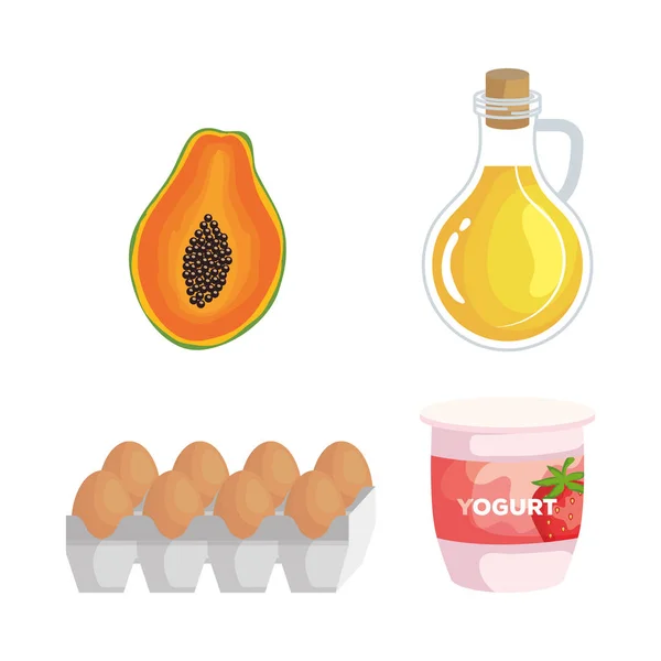 Uppsättning av Pawpaw och olivolja med ägg och jordgubbs yoghurt — Stock vektor