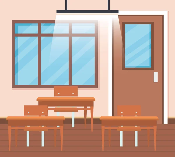 Education classroom with desks and window with door — Stock Vector