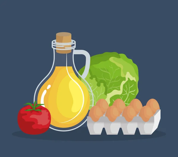 Olivenöl mit Tomaten und Eiern mit Salat — Stockvektor
