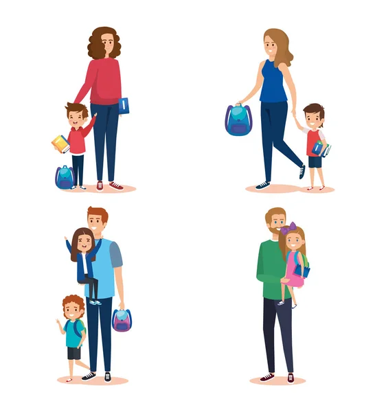 Το σύνολο των μητέρων και των πατέρων με τα κορίτσια και τα αγόρια και σακίδιο — Διανυσματικό Αρχείο