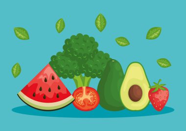 brokoli ve domates ve çilek ile avokado ile karpuz