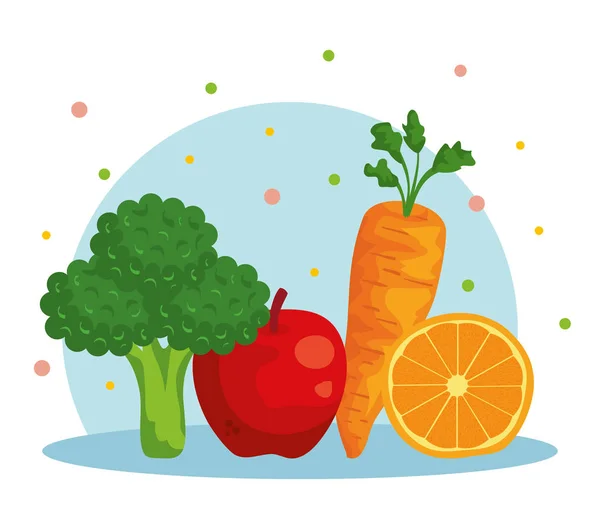 新鲜的花椰菜与苹果和胡萝卜与橙色 — 图库矢量图片